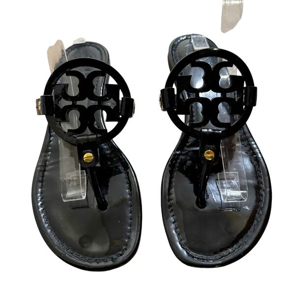TORY BURCH Black Patent Leather Miller Classic Designer Logo Sandals Size 9.5 - Picture 2 of 8